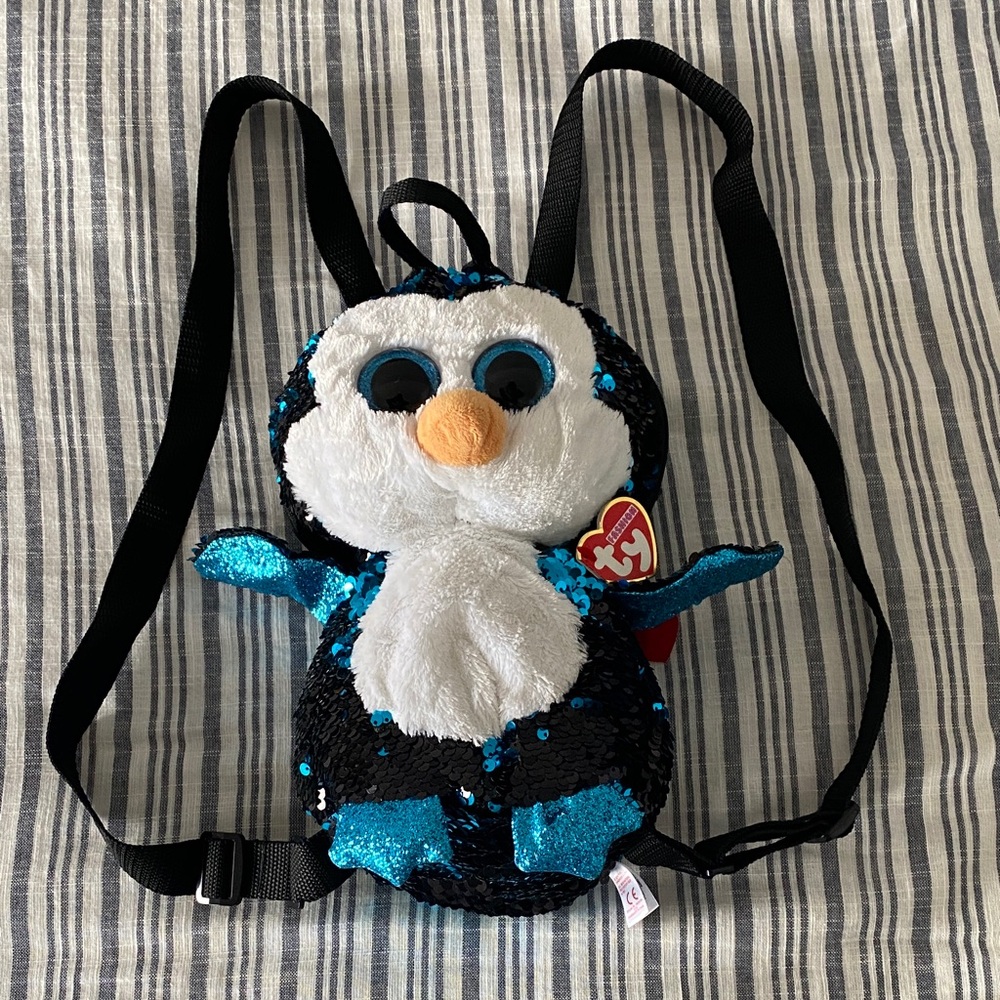 NWT Ty Penguin Sequin Kids Backpack - Black, White, Blue